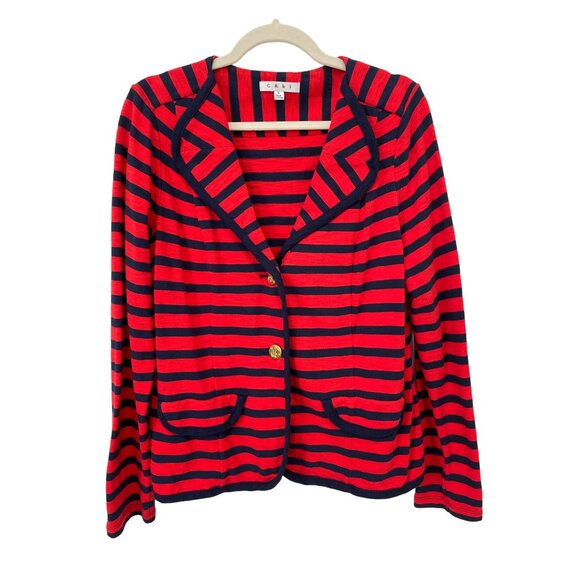 Cabi 224 Yacht Club Blazer Red Navy StripedJacket Knit Women Large Cotton Anchor - Picture 1 of 8